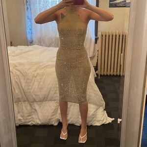 Mesh nude w silver rhinestones Halter Bodycon midi Dress